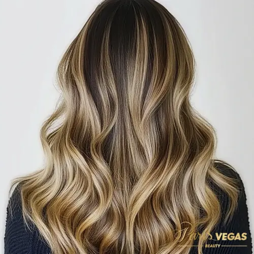 Mulher com cabelo loiro exibindo balayage de costas, salão de cabeleireiro em Moema.