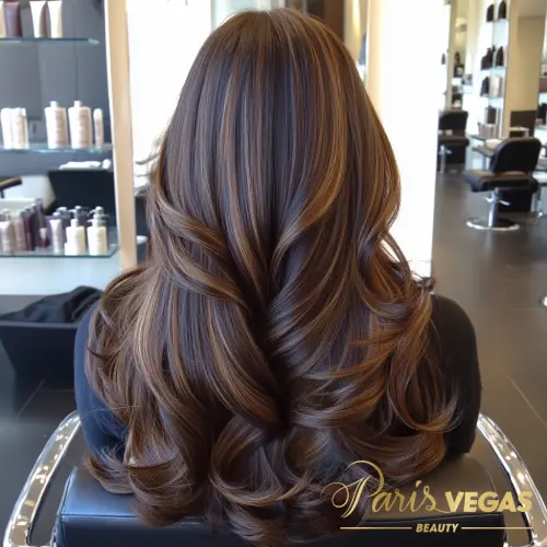 Cabelo longo e liso em tonalidade morena no salão Paris Vegas Beauty em Moema.