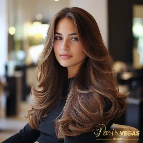 Resultado de cabelo castanho iluminado com mechas caramelo no salão Paris Vegas Beauty em Moema