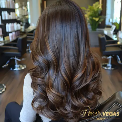 Cabelo castanho iluminado lindo no salão Paris Vegas Beauty em Moema