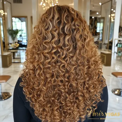 Corte de cabelo cacheado em camadas feminino feito no salão de beleza em Moema, São Paulo.