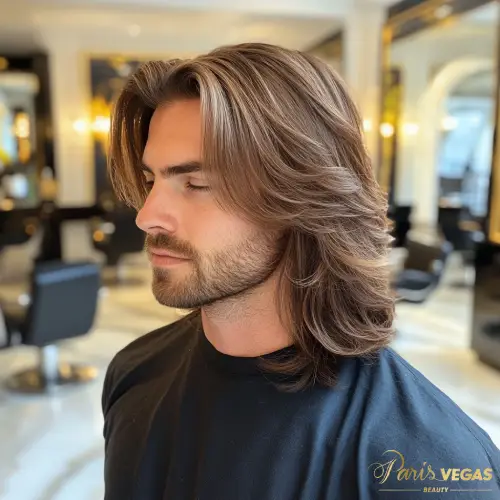 Corte de cabelo masculino longo realizado no salão de cabeleireiro em Moema, São Paulo.