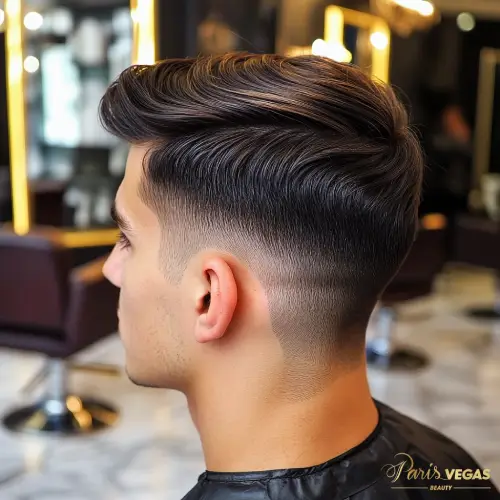 High fade masculino feito no salão de cabeleireiro em Moema, São Paulo.