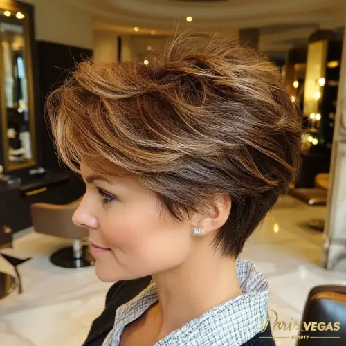 Corte de cabelo pixie cut feminino realizado no salão de cabeleireiro em Moema, São Paulo.