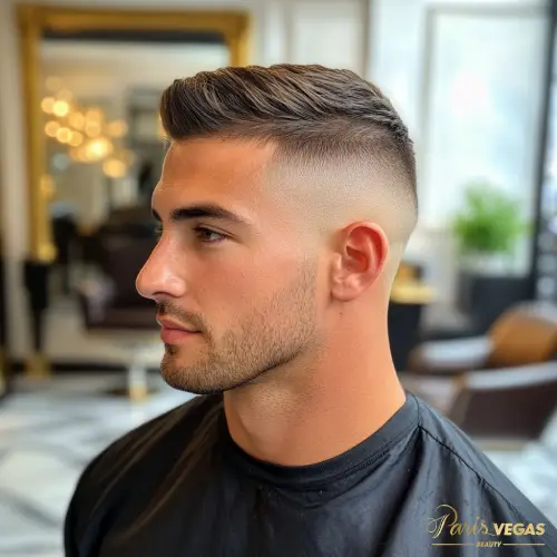 Corte de cabelo skyn fade masculino feito no salão de cabeleireiro em Moema, São Paulo.