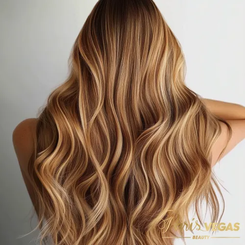 Mulher com cabelo longo exibindo tonalidade honey blonde de costas.