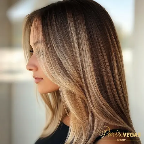 Mulher com cabelo curto e luzes loiras em salão de cabeleireiro em Moema, São Paulo.