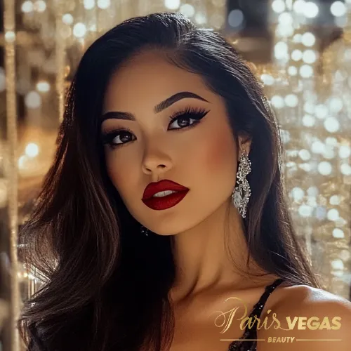 Mulher morena com maquiagem para evento em São Paulo, estilo Paris Vegas Beauty.