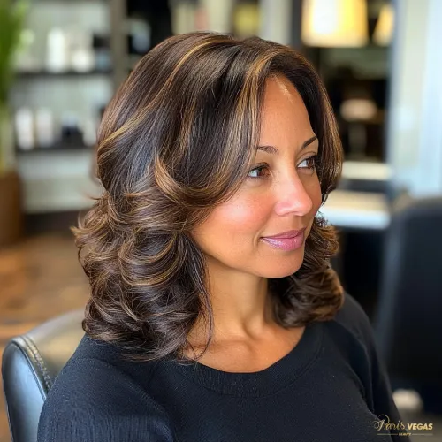 Mulher de lado com cabelo curto e mechas no salão de beleza Moema Paris Vegas