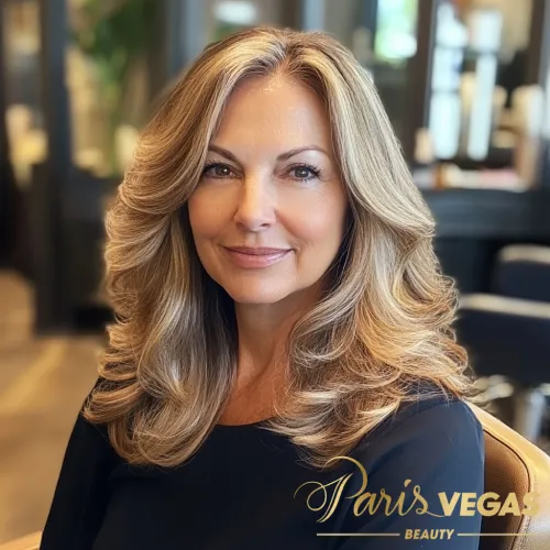 Mulher com cabelo branco exibindo mechas loiras em um salão de cabeleireiro em Moema, SP.