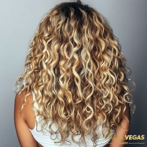 Mulher com cabelo cacheado exibindo mechas loiras em um salão de beleza em Moema.