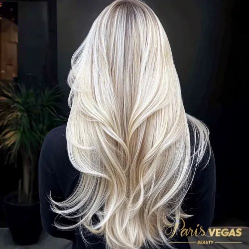 Mulher com mechas platinadas loiras em cabelo longo em salão de cabeleireiro em Moema.