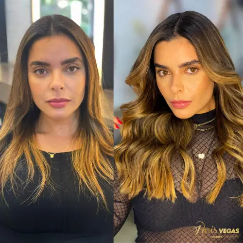 Antes e depois de aplicação de mega hair no salão Paris Vegas Beauty, localizado em Moema, São Paulo.