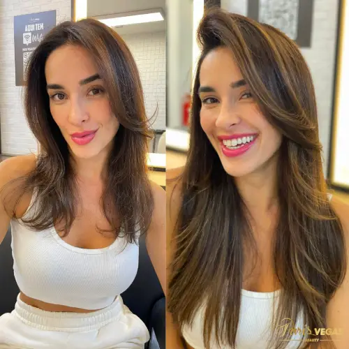 Procedimento antes e depois da aplicação de cabelo no salão de cabeleireiro Paris Vegas Beauty, em Moema, São Paulo.