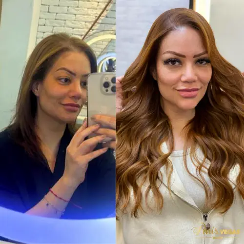 Aplicação de alongamento de cabelo no salão Paris Vegas Beauty em Moema, São Paulo.