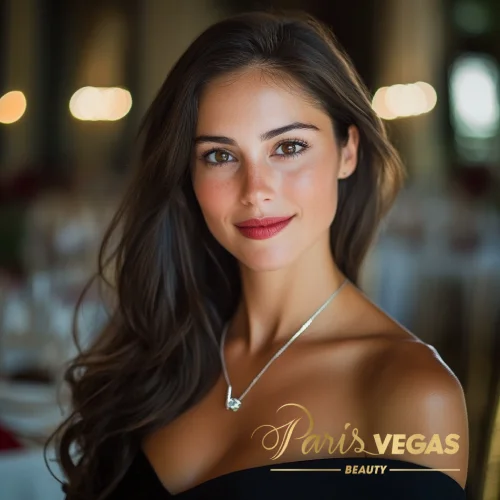 Mulher com cabelo escuro e maquiagem elegante para evento especial.