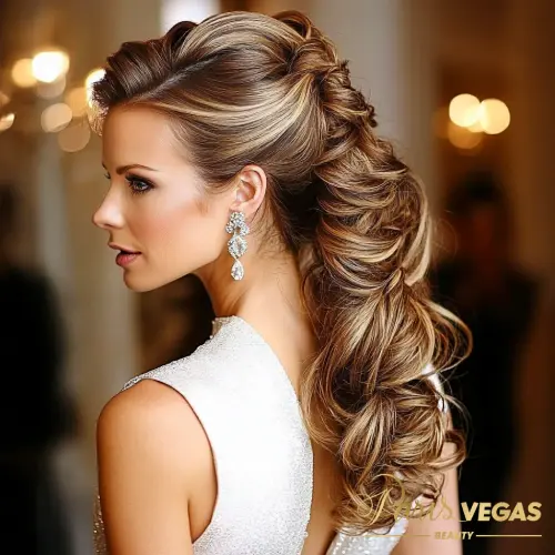 Mulher com penteado de casamento no salão Paris Vegas Beauty, São Paulo.