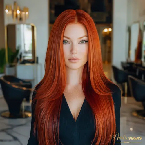 Alisamento de cabelo ruivo realizada em Moema, São Paulo no salão Paris Vegas Beauty.