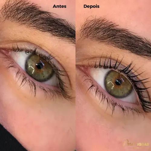 Antes e depois do procedimento de cílios levantados no salão de beleza em Moema, São Paulo.