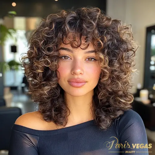 Mulher com cabelo cacheado sendo atendida por cabeleireira especialista em cachos no salão Paris Vegas Beauty, Moema.