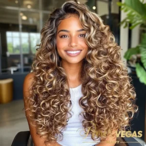 Cliente com cabelo cacheado em salão de beleza em Moema, São Paulo, estilo Paris Vegas Beauty.