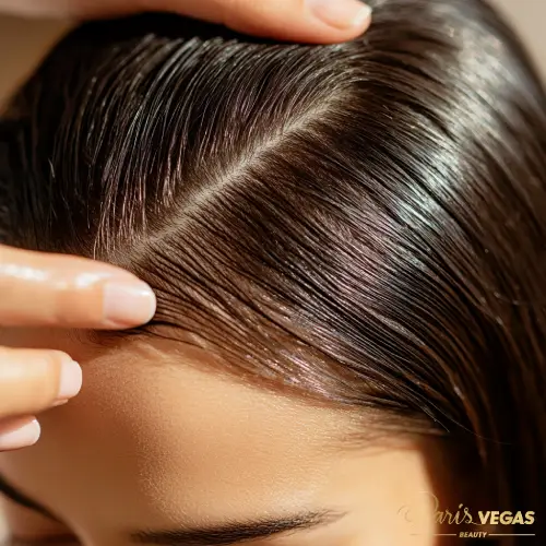 Mulher com cabelo liso e castanho recebendo tratamento capilar.