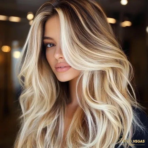 Cabelo loiro iluminado com mechas em uma mulher linda no salão em Moema