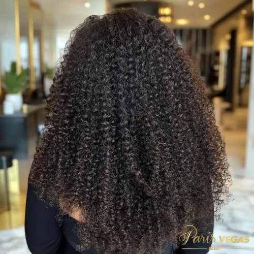 Estilo de cabelo crespo com ondas 4A no salão Paris Vegas Beauty em São Paulo, com volume e definição acentuados.