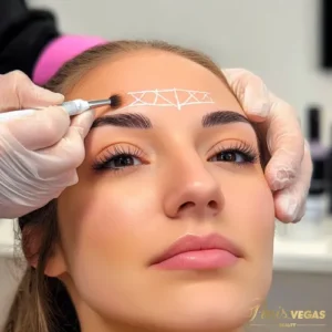 Mulher recebendo o procedimento de micropigmentação fio a fio nas sobrancelhas no salão Paris Vegas Beauty em Moema, São Paulo.