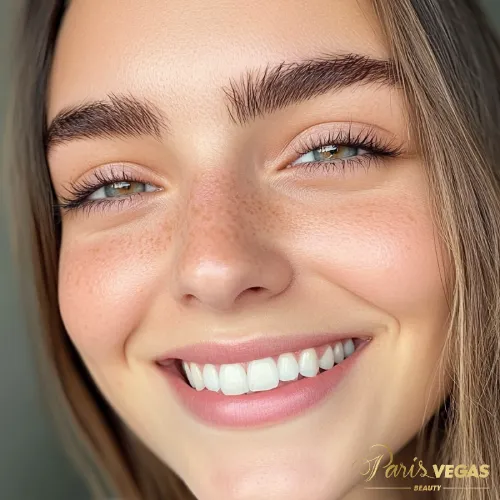 Mulher sorrindo feliz após o procedimento de micropigmentação fio a fio nas sobrancelhas, realizado no salão em Moema, São Paulo.