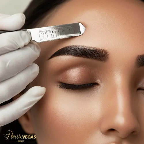 Profissional medindo a simetria do rosto de uma mulher antes do procedimento de micropigmentação fio a fio nas sobrancelhas no Paris Vegas Beauty, São Paulo.