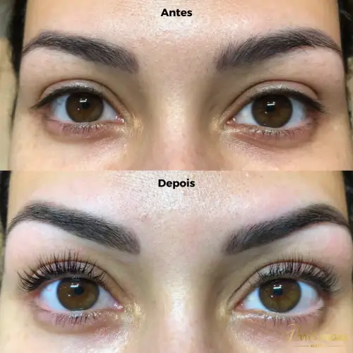 Antes e depois do procedimento de lash lifting, mostrando a curvatura dos cílios em Moema, São Paulo.