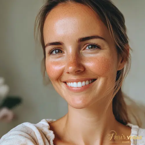 Mulher sorrindo feliz após tratamento em salão de beleza em São Paulo, Moema.