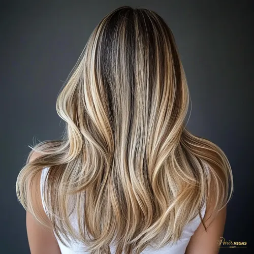 Mulher com cabelo loira iluminada, vista de costas, no salão de cabeleireiro em Moema