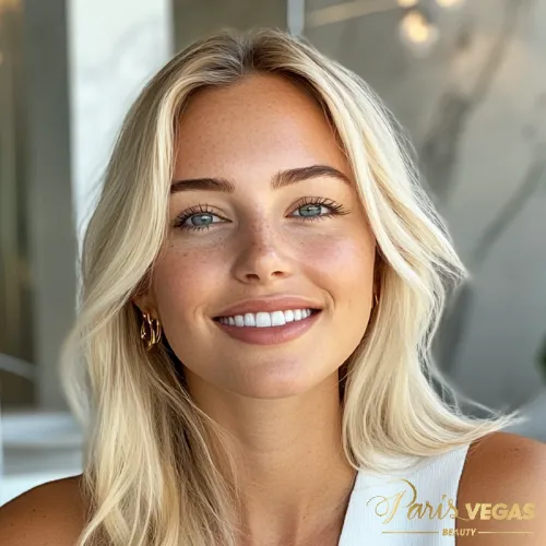 Mulher loira sorrindo e satisfeita após uma sessão de bem-estar no Paris Vegas Beauty, em Moema.