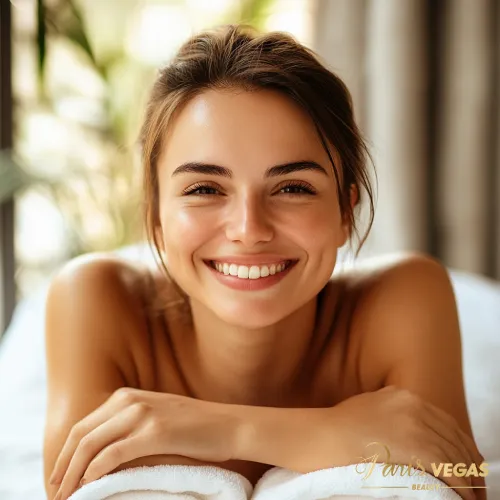 Mulher sorrindo de bruço na maca durante uma sessão de massagem corporal na Zona Sul de São Paulo.