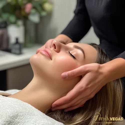 Massagem facial sendo realizada em salão de beleza em Moema, São Paulo, com foco em relaxamento e cuidados com a pele.