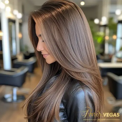 Mulher com cabelo liso castanho e mega hair em salão de beleza em Moema, São Paulo.