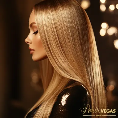 Mulher loira com cabelo liso e alongado no salão de beleza Paris Vegas Beauty.