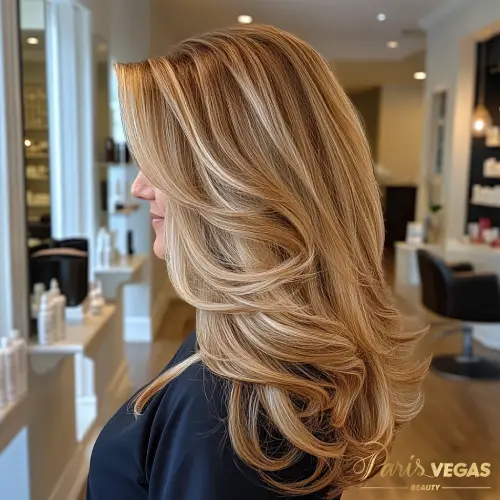 Mulher loira com cabelo longo e alongado exibindo no salão de beleza Paris Vegas Beauty.