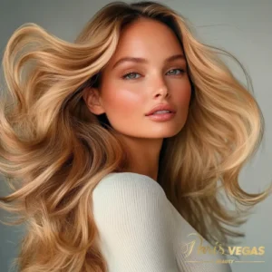 Modelo com mega hair no salão de beleza Paris Vegas Beauty, localizado em Moema, São Paulo.