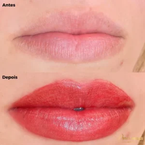 Antes e depois da micropigmentação labial realizada no salão de beleza em Moema, São Paulo