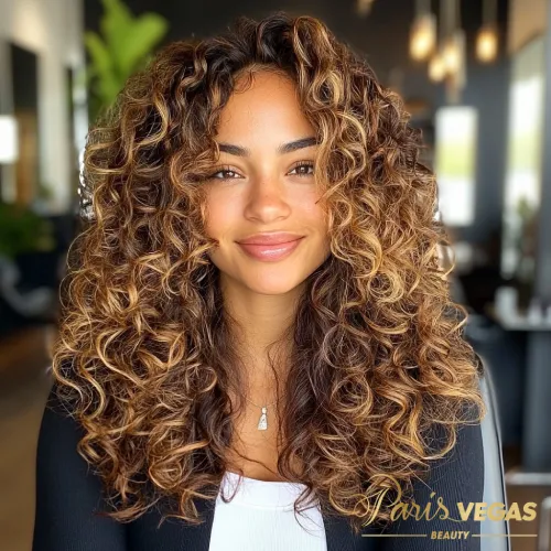 Cabelo cacheado de morena iluminada, exibido no salão Paris Vegas Beauty em São Paulo.