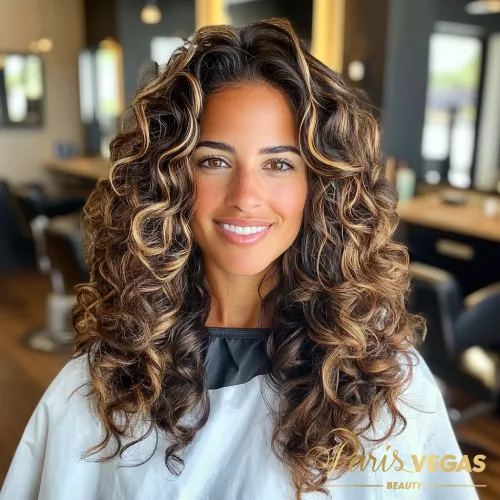 Cabelo cacheado de morena iluminada, exibido de forma glamourosa no salão Paris Vegas Beauty em São Paulo.