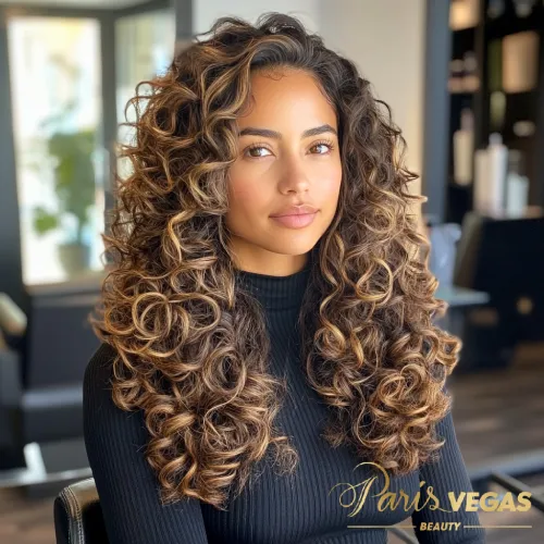 Cabelo cacheado de morena iluminada, exibido de forma elegante no salão Paris Vegas Beauty em São Paulo.