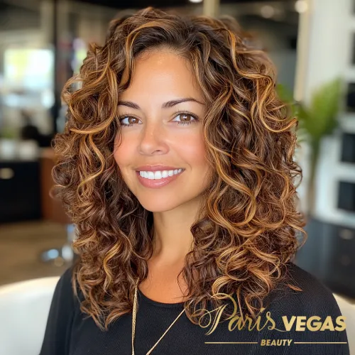 Cabelo cacheado de morena iluminada, exibido com estilo no salão Paris Vegas Beauty em São Paulo.