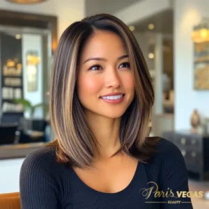 Mulher de frente com cabelo curto em morena iluminada, exibindo um visual moderno.