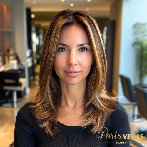 Mulher de frente com cabelo curto e ousado em tom de morena iluminada, exibindo um estilo marcante.