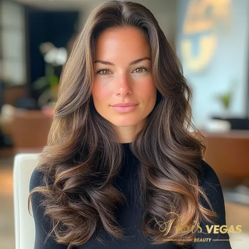 Mulher com cabelo em um estilo glamouroso e natural.