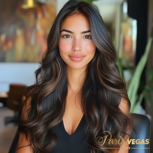 Mulher com cabelo morena iluminada em um look natural, em ambiente de beleza em São Paulo.